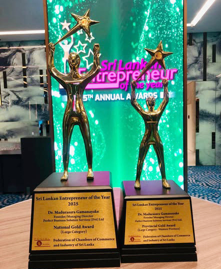 Dr. Madura Gamanayake, Chairman of PBSS Group, wins the Gold award in the Large Business Category at Sri Lankan Entrepreneur of the Year Awards 2025!