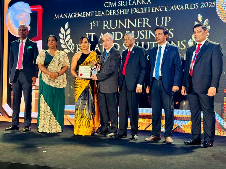 Ms. Anjana Wijesinghe, Group CEO of PBSS Group, honored as the First Runner-up – Executive Director Level in the IT & Business-related Solutions category at the Sri Lanka Management Leadership Excellence Awards 2025
