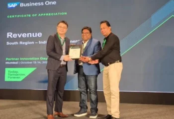 PBSS Group Chairman Dr. Madura Gamanayake and team receiving the SAP Business One Leading Partner award at SAP Partner Summit 2026 Mumbai.