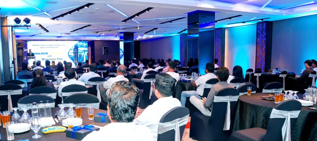 Industry executives, SAP regional leadership, and PBSS Group management at the SAP Business One executive forum in Sri Lanka.