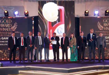 Dr. Madura Gamanayake receiving three Gold Awards at the CPM Management Leadership Excellence Awards 2026 in Sri Lanka.